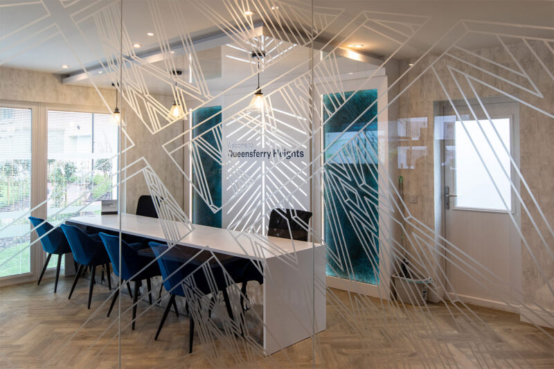 Geometric window manifestation for Queensferry Heights marketing suite fitout