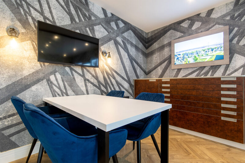 Bespoke printed digital wallpaper and furniture componentry for marketing suite fitout