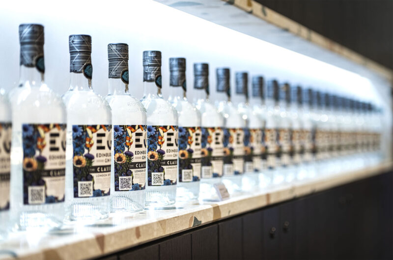 Terrazzo shelving unit displaying Edinburgh Gin bottles
