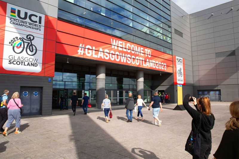 Main entrance branding utilising large format graphics at Glasgow’s Emirates stadium